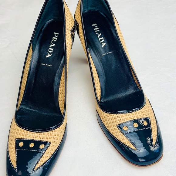 PRADA Straw black p leather high heel Sz 8 / 38.5 - Picture 2 of 16